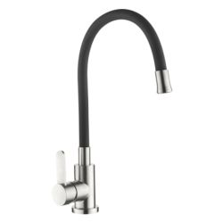 Смеситель для кухни 35 карт.  LEDEME  с бок. ручкой, гибкий излив, черный, нерж, сатин