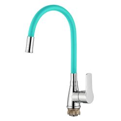 Смеситель для кухни 40 карт.  LEDEME  с бок. ручкой, гибкий излив, бирюзовый/хром