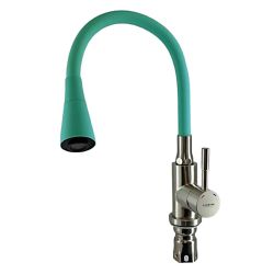 Смеситель для кухни 35 карт.  LEDEME  с бок. ручкой, гибкий излив, бирюзовый+нерж