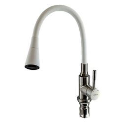 Смеситель для кухни 35 карт.  LEDEME  с бок. ручкой, гибкий излив, белый+нерж