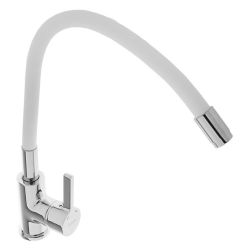 Смеситель для кухни 35 карт.  LEDEME  с бок. ручкой, гибкий излив, белый+хром