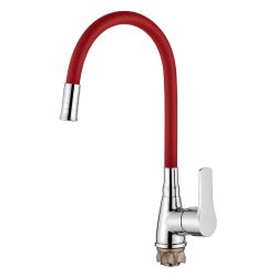 Смеситель для кухни 40 карт.  LEDEME  с бок. ручкой, гибкий излив, красный/хром