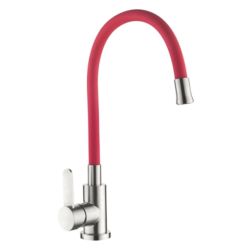 Смеситель для кухни 35 карт.  LEDEME  с бок. ручкой, гибкий излив, красный, нерж, сатин