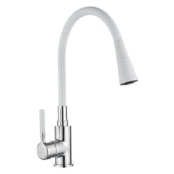 Смеситель для кухни 35 карт.  LEDEME  с бок. ручкой, гибкий излив, белый+хром