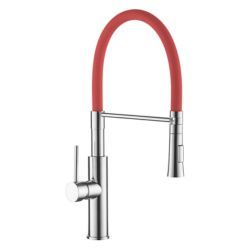 Смеситель для кухни 35 карт.  LEDEME  с бок. ручкой, гибкий излив, красный