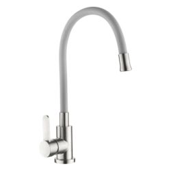 Смеситель для кухни 35 карт.  LEDEME  с бок. ручкой, гибкий излив, серый, нерж, сатин