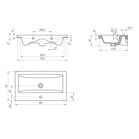 Умывальник мебельный белый COMO   80 800х165х450  CERSANIT