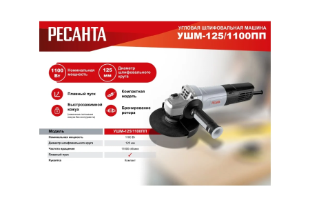 Углошлиф. маш. РЕСАНТА  УШМ-125/1100 ПП (1100Вт, 125мм)