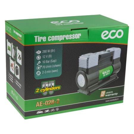 Компрессор автомобильный  ECO AE-028-2  (12В,280Вт,70л/мин,фонарь,сумка)