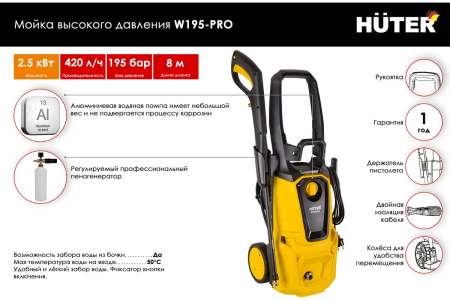 Мойка высокого давления  W195-PRO  HUTER (2.5кВт,420л/ч,195 бар,длина шланга 8м)